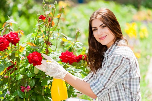 Trainer demonstrating safe equipment use to gardening staff