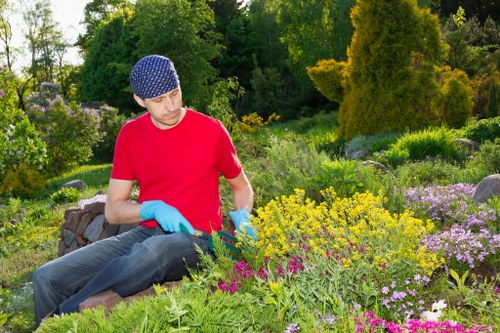 Gardeners wearing PPE while maintaining a hedge